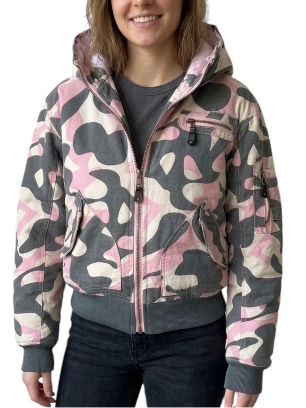 WH VISION Pink Grey Camouflage Hooded Bomber Winter Jacket Camo Thick Size Large